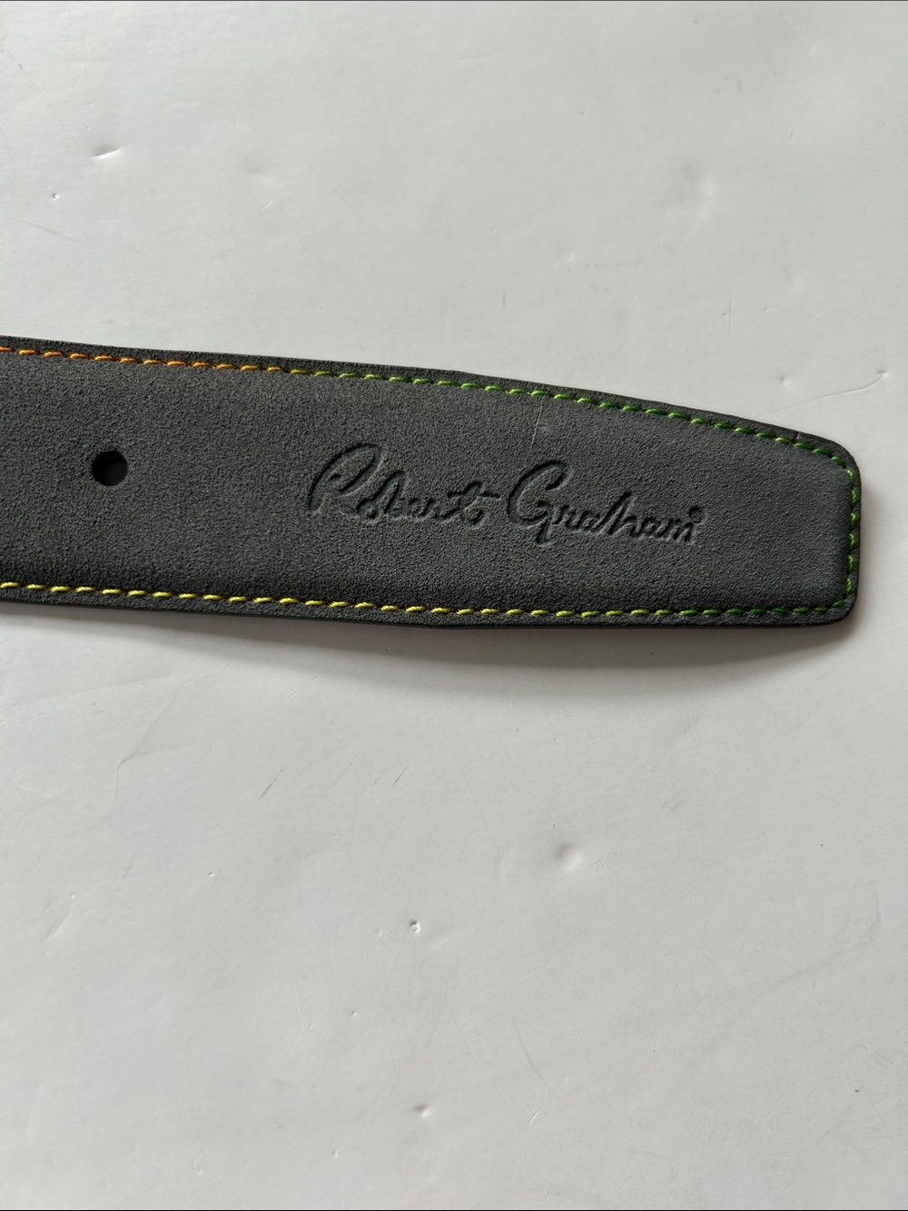 Robert Graham Gray Leather Suede Belt with Green & Orange Stitching sz 34 - Picture 6 of 8